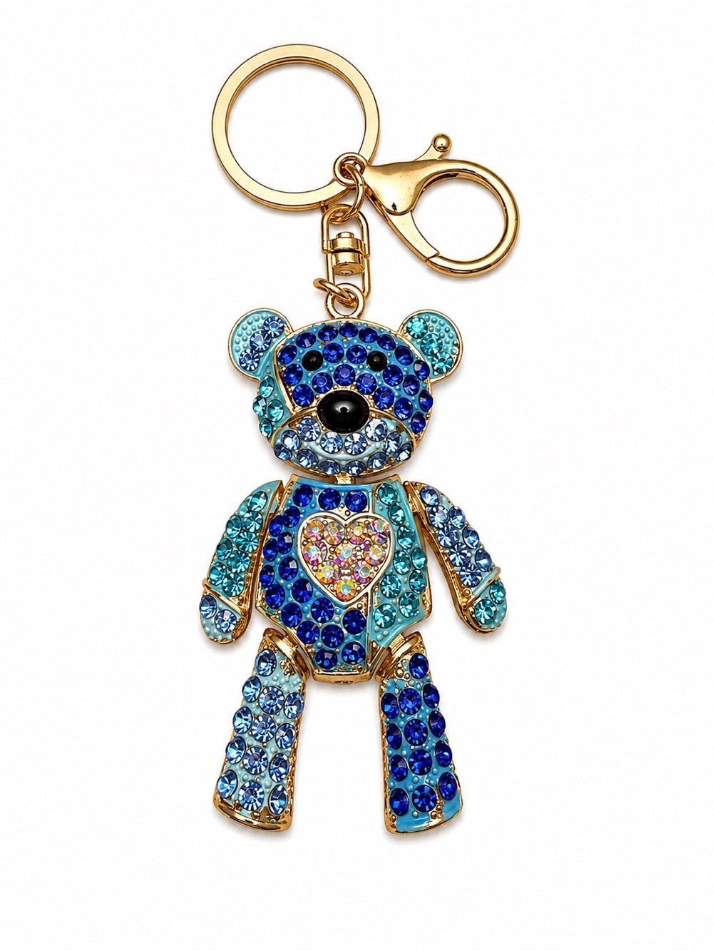 Blue Crystal Teddy Bear Keychain with Heart Accent